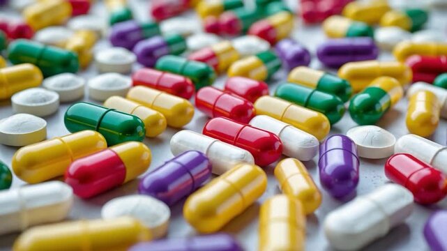 Colorful assortment of capsules and tablets arranged on a white surface showcasing vibrant shades of green yellow red purple and white with a macro perspective highlighting textures and shapes