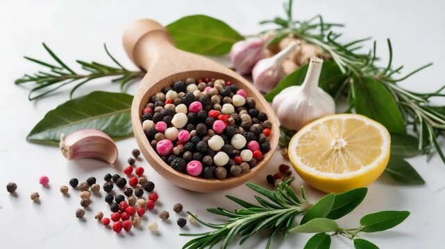 Close-up view of colorful assorted peppercorns in a wooden scoop surrounded by fresh herbs garlic and lemon slices on a light background with natural soft lighting.