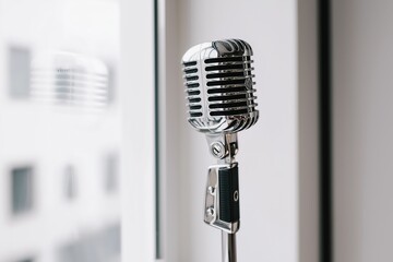 Classic chrome microphone stands before a window in blurred close-up, perfect for themes of music history, nostalgia and retro aesthetics.