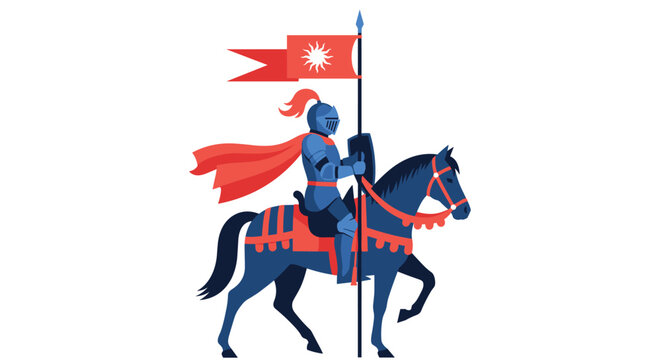 Medieval knight in full blue armor with a red cape riding a horse and holding a flag with a sun symbol on it.