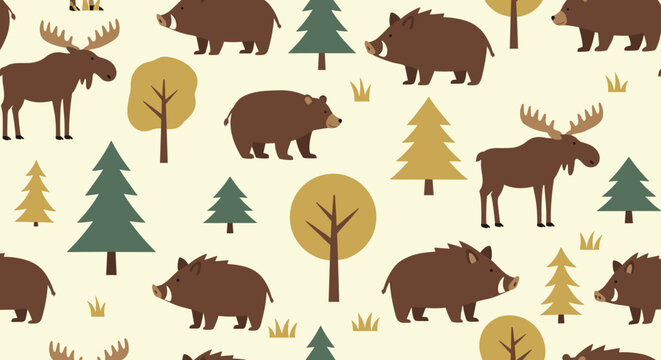 Adorable seamless woodland pattern with cute cartoon illustrations of brown bears moose and wild boars among forest trees and grass.