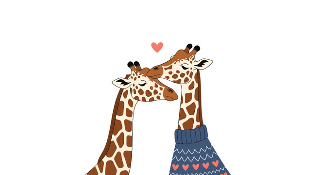 Adorable illustration of two loving giraffes cuddling together with one wearing a cozy blue sweater perfect for Valentine's Day. - Powered by Adobe