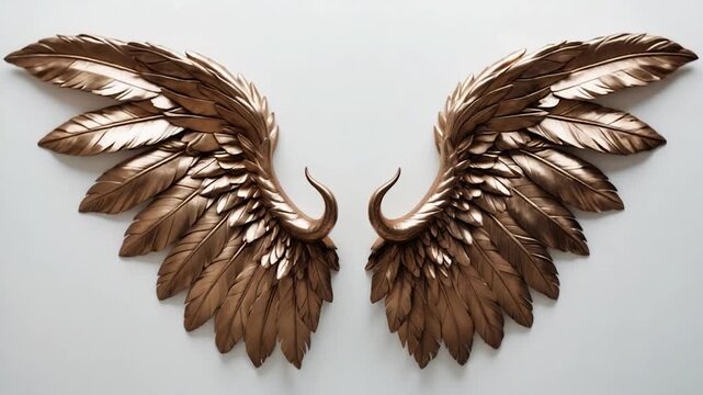 Intricate bronze wings crafted from layered leaves showcased against a light background captured from various angles with soft natural lighting enhancing the warm metallic tones and detailed texture.