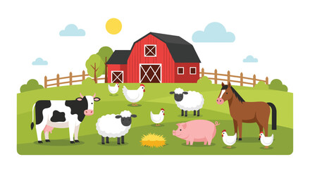 Cheerful cartoon illustration of a farm scene with various animals like a cow sheep and horse grazing happily in a green field. © Ayesha