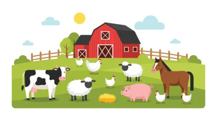 Rolgordijnen Kinderkamer Cheerful cartoon illustration of a farm scene with various animals like a cow sheep and horse grazing happily in a green field.  © Ayesha