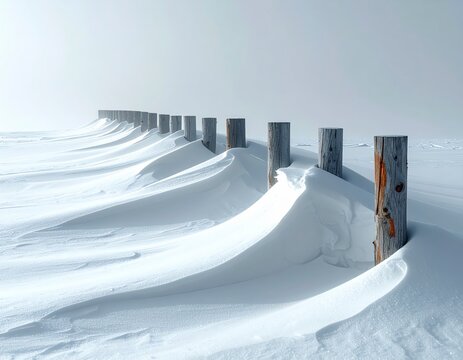 Minimalist winter scene with wooden posts in snow drifts under a bright cold sky conveying - Powered by Adobe
