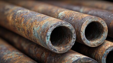 Close-up of multiple cylindrical pipes, heavily rusted, with visible inner openings and varying degrees of corrosion