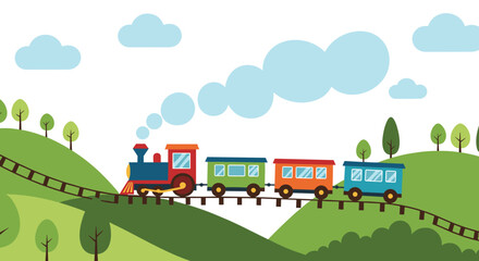Colorful cartoon toy train with a steam locomotive and wagons traveling on a railway through a cheerful landscape of green hills.