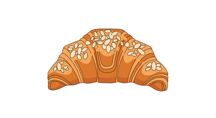 Deliciously baked golden-brown croissant pastry topped with toasted almond flakes in a detailed and appetizing cartoon illustration.
