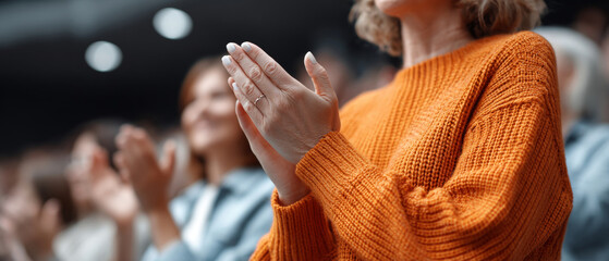 Close-up of a person in an orange sweater clapping hands during an indoor event with blurred audience in the background