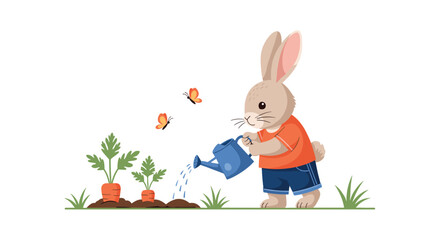 Obraz premium Adorable cartoon rabbit wearing clothes joyfully waters a patch of growing carrots in the garden with a blue watering can.