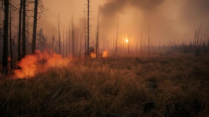 Wide view of a smoky forest landscape during sunset with tall charred trees and patches of dry grass flames flickering in the foreground as the scene transitions from beginning to end - Powered by Adobe