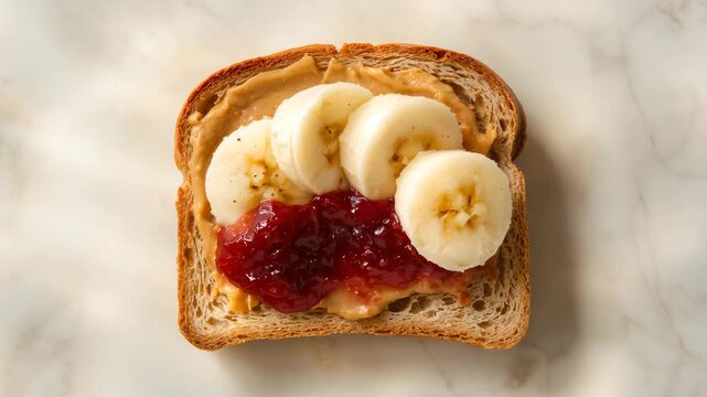 Top-down view of a slice of whole grain bread spread with creamy peanut butter layered with banana slices and vibrant red jam beautifully arranged with soft natural lighting