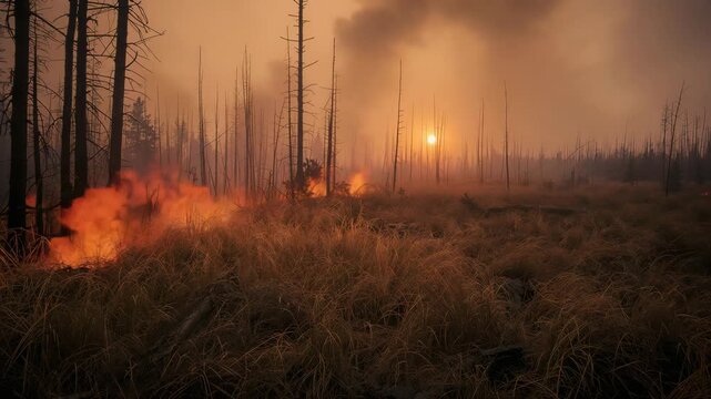 Wide view of a smoky forest landscape during sunset with tall charred trees and patches of dry grass flames flickering in the foreground as the scene transitions from beginning to end