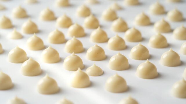Close-up view of uniform pale cream dollops arranged in neat rows on a white surface showcasing their smooth rounded shape in bright soft light with a minimalistic composition