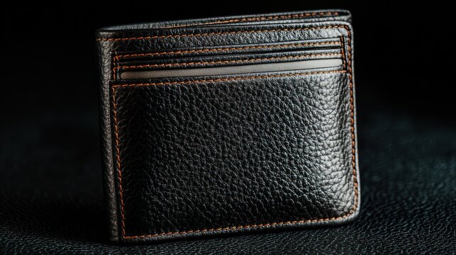 Close up of a black leather wallet with orange stitching