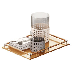 Tray with a picture of a man on it and three glass vases