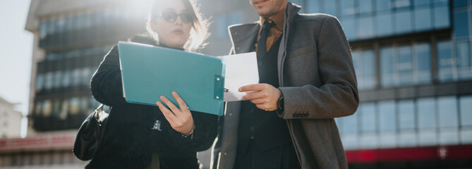Two business people examine documents outside a modern city building, sharing insights as they...
