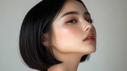 Fototapeta premium Young Asian woman with short bob haircut and natural makeup against neutral background, showcasing modern beauty trends.
