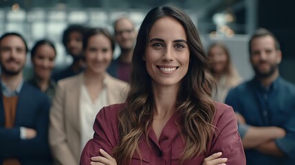 Confident businesswoman with long wavy hair smiling at camera, diverse team of professionals standing behind her in modern office environment.