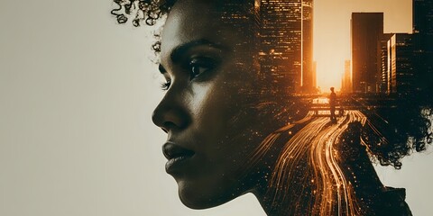 Double exposure portrait combining profile of young woman with curly hair and urban cityscape at sunset with light trails on highway. Artistic conceptual composition.