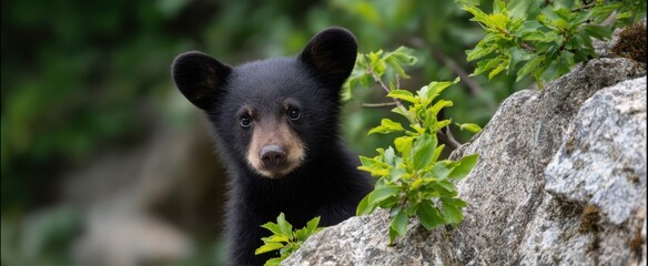 Obraz premium Black bear cub scaling a rocky cliff in its wild home setting