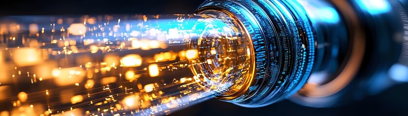 Obraz premium Fiber optic cable with glowing light transmission, showcasing high-speed internet technology and digital data flow in telecommunications network.