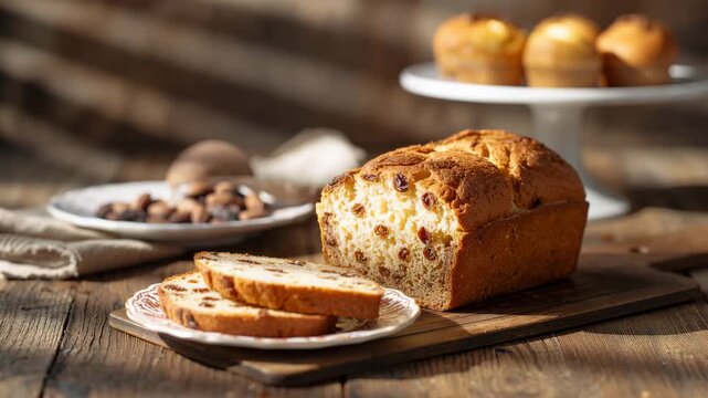 Freshly baked loaf of raisin bread with slices displayed on a rustic wooden table set against a backdrop of muffins and soft natural lighting highlighting textures and colors