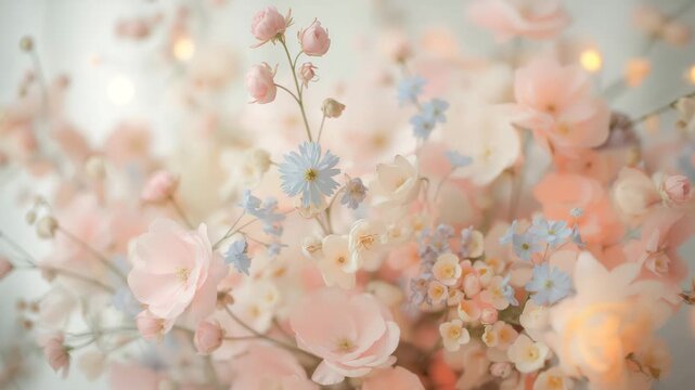 Close-up of delicate pastel flowers blooming with soft lighting showcasing pink and blue blossoms in a serene blurred background filled with subtile glowing highlights