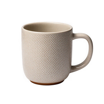 Close up of a textured ceramic coffee mug with a handle showcasing its subtle geometric pattern and earthy tones isolated on transparent background