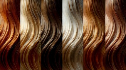 Collection of wavy hair samples in various shades from auburn and copper to blonde and platinum, showcasing different color options for hairstyling and beauty industry.