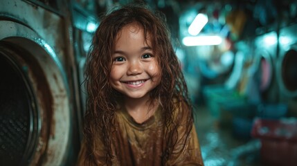 A joyful girl with wet hair smiles broadly, capturing the excitement of playing in the rain, showcasing pure happiness and the carefree spirit of childhood.