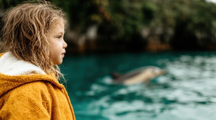Fototapeta premium A curious child watches a dolphin playfully surfacing in a shimmering turquoise lagoon, embodying joy and wonder in childhood experiences with amazing marine life.