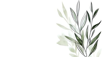 Fototapeta premium Minimalist olive branch illustration with delicate green leaves and thin stems on white background, perfect for wedding invitations and organic product packaging.