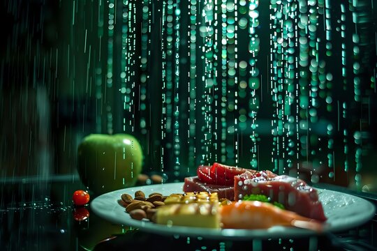 Food plate with cheese, nuts and meat on table with green apple against digital matrix rain background. Perfect for technology and food concepts.