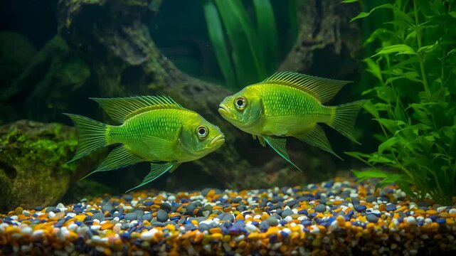 Two vibrant green fish swimming and interacting in a natural aquarium setting with colorful gravel aquatic plants and soft natural light highlighting their textures