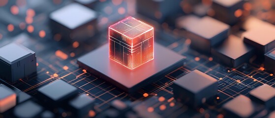 Glowing orange cube on futuristic circuit board with dark geometric blocks, representing quantum computing or advanced technology concept.