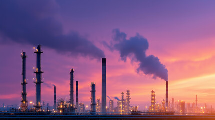 Industrial petroleum refinery complex at dawn with emission stacks and intricate piping, environmental impact visualization, energy industry operations, sustainability concerns, oi