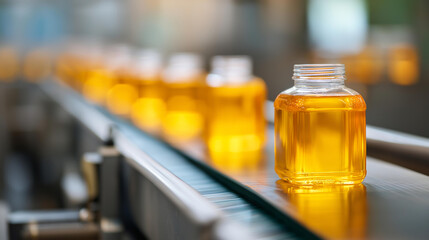 Conveyor belt production line with transparent petroleum product containers, automated bottling process, industrial manufacturing efficiency, quality assurance systems, factory aut