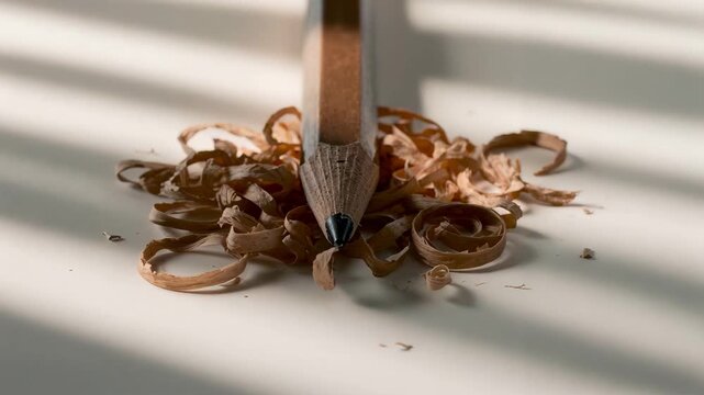 Close-up view of a sharpened pencil resting on wood shavings with soft natural light casting shadows showcasing the details of the pencil's tip texture and surrounding shavings.