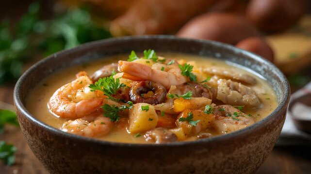 Close-up of creamy shrimp and seafood chowder served in rustic bowl garnished with fresh herbs surrounded by blurred wooden kitchen elements showcasing rich textures and warm lighting