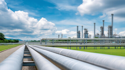 Industrial petroleum and gas facility with pipeline infrastructure network, energy production operations, petrochemical industry showcase, fuel processing systems, manufacturing te