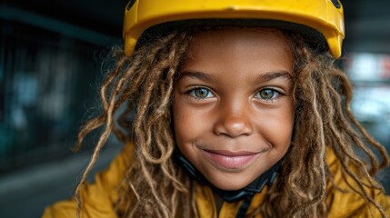 A joyful child rides a bicycle while wearing a helmet, showcasing excitement and happiness, highlighting innocence and adventurous spirit in an urban setting with vibrant colors.