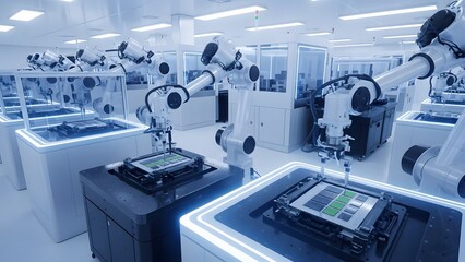 Automated robotic arms working in a clean room environment with modern technology equipment