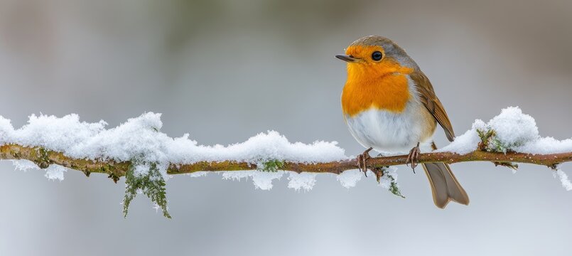 A Captivating Portrait of a European Robin Perched on a Snowy Branch in Winter s Tranquil Landscape