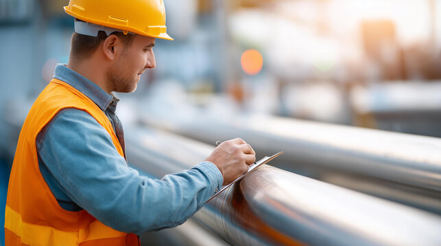 Faceless technician inspecting extended steel pipe sections and elbow fittings, refinery station infrastructure, valve verification procedures, visual inspection documentation, oil