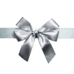 Silver glistening gifting ribbon tied, isolated on white background.
