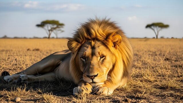 A majestic male lion resting in the african savanna with trees and a blue sky in the background
