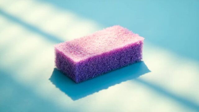Close-up of a purple scrub sponge on a bright blue surface showcasing gradual changes in light and shadow from beginning to end highlighting its soft texture and vibrant color transitions