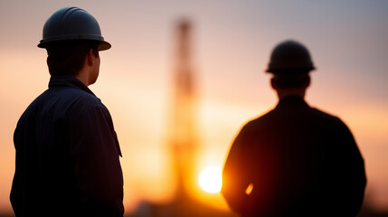 Faceless petroleum workers at resource extraction site, oil industry operations at sunset, energy sector workforce, field operations personnel, atmospheric evening lighting, defocu